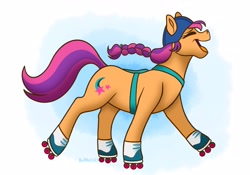 Size: 2937x2053 | Tagged: safe, artist:bellbell123, sunny starscout, earth pony, pony, g5, my little pony: a new generation, spoiler:g5, spoiler:my little pony: a new generation, eyes closed, female, gonna be my day, high res, roller skates, rollerblades, singing, solo