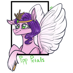 Size: 1280x1280 | Tagged: safe, artist:rainwysweet, pipp petals, pegasus, pony, g5, my little pony: a new generation, spoiler:my little pony: a new generation, adorapipp, bust, cute, female, mare, simple background, smiling, solo, unshorn fetlocks, white background, wings