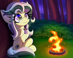 Size: 2500x2000 | Tagged: safe, artist:windykirin, oc, oc only, oc:misty breeze, earth pony, pony, campfire, female, fire, forest, high res, long eyelashes, solo, tree
