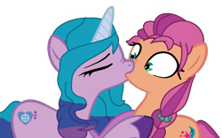 Size: 922x576 | Tagged: safe, artist:santi0095, izzy moonbow, sunny starscout, g5, my little pony: a new generation, spoiler:my little pony: a new generation, female, g5 to g4, izzyscout, kissing, lesbian, shipping, show accurate, simple background, surprise kiss, transparent background