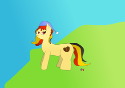 Size: 1200x849 | Tagged: safe, artist:sunamena, oc, oc only, oc:chocolate sweets, earth pony, pony, hat, multicolored hair, multicolored mane, multicolored tail, red eyes, simple background, soda can, solo, standing, tail, yellow coat