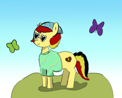 Size: 745x600 | Tagged: safe, artist:sannyday, oc, oc only, oc:chocolate sweets, butterfly, earth pony, pony, bandana, blue sky, clothes, cutie mark, glasses, heart shaped glasses, multicolored tail, shirt, simple background, solo, standing, sunglasses, tail, yellow coat