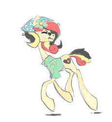 Size: 3500x3800 | Tagged: safe, artist:s0fty_1cy, oc, oc only, oc:chocolate sweets, earth pony, pony, bandana, clothes, cutie mark, eyes closed, female, flower, flower in hair, glasses, happy, heart shaped glasses, high res, mare, multicolored hair, multicolored mane, multicolored tail, shirt, simple background, solo, sunglasses, tail, walking, yellow coat