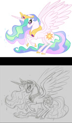 Size: 696x1182 | Tagged: safe, artist:lauren faust, princess celestia, alicorn, pony, g4, cloven hooves, concave belly, crown, ethereal mane, ethereal tail, eyelashes, horn, jewelry, large wings, long horn, peytral, rearing, regalia, side view, slender, spread wings, tail, thin, wings