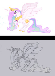 Size: 902x1232 | Tagged: safe, artist:lauren faust, princess celestia, alicorn, pony, g4, cloven hooves, concave belly, crown, eyelashes, female, jewelry, long mane, long tail, mare, peytral, rearing, regalia, slender, solo, spread wings, tail, thin, wings