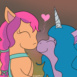 Size: 1080x1080 | Tagged: safe, artist:artyanimated, izzy moonbow, sunny starscout, pony, g5, my little pony: a new generation, spoiler:my little pony: a new generation, boop, cute, duo, female, heart, lesbian, noseboop, ship:moonscout, shipping