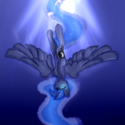 Size: 2000x2000 | Tagged: safe, artist:sherlockett, princess luna, alicorn, pony, g4, asphyxiation, blue background, blue eyes, blue mane, blue tail, bubble, chest fluff, crepuscular rays, drowning, ethereal mane, feather, female, flowing mane, flowing tail, high res, horn, mare, ocean, sad, simple background, solo, spread wings, starry mane, starry tail, sunlight, tail, underwater, water, wings