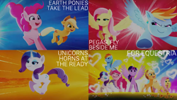 Size: 1280x720 | Tagged: safe, edit, edited screencap, editor:quoterific, screencap, applejack, fluttershy, pinkie pie, rainbow dash, rarity, twilight sparkle, alicorn, earth pony, pegasus, pony, unicorn, g5, my little pony: a new generation, spoiler:g5, spoiler:my little pony: a new generation, 3d, applejack's hat, cowboy hat, eyes closed, female, flying, hat, mane six, mare, open mouth, smiling, spread wings, twilight sparkle (alicorn), wings
