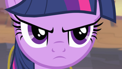 Size: 1280x720 | Tagged: safe, screencap, twilight sparkle, alicorn, pony, g4, season 4, three's a crowd, angry, close-up, cute, cute when angry, dat face, discord's pendant, female, jewelry, mare, narrowed eyes, necklace, serious, serious face, twiabetes, twilight sparkle (alicorn), twilight sparkle is best facemaker, twilight sparkle is not amused, unamused