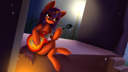 Size: 1920x1080 | Tagged: safe, artist:blooming-lynx, oc, oc only, pony, unicorn, female, guitar, hoof hold, les paul, musical instrument, rock (music), solo, stage, sunglasses