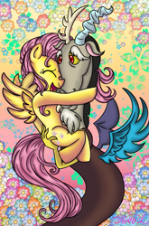 Size: 1177x1784 | Tagged: safe, artist:itiffanyblue, discord, fluttershy, draconequus, pegasus, pony, g4, abstract background, duo, eyes closed, female, flower, friendship, hug, hugging a pony, male, signature