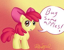Size: 1377x1096 | Tagged: safe, artist:itiffanyblue, apple bloom, earth pony, pony, g4, buy some apples, female, filly, gradient background, solo, speech bubble
