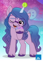 Size: 2481x3508 | Tagged: safe, artist:jhayarr23, izzy moonbow, pony, unicorn, g5, my little pony: a new generation, spoiler:my little pony: a new generation, ball, cute, female, glasses, high res, horn, horn impalement, izzy's crafting glasses, izzy's tennis ball, izzybetes, looking at you, mare, one eye closed, open mouth, solo, tennis ball, wink