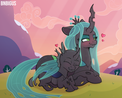 Size: 2000x1600 | Tagged: safe, artist:bnbigus, queen chrysalis, changeling, changeling queen, g4, blushing, cuddling, cute, cutealis, cuteling, female, floating heart, heart, hill, hug, lying down, mommy chrissy, prone, scrunchy face, smiling, snuggling, sunset, tsundere, wavy mouth