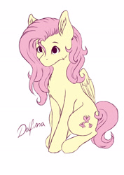 Size: 2480x3508 | Tagged: safe, artist:delfinaluther, fluttershy, pegasus, pony, g4, chest fluff, ear fluff, female, folded wings, high res, simple background, sitting, solo, stray strand, three quarter view, white background, wings