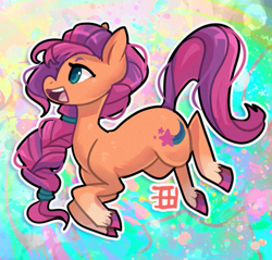 Size: 635x608 | Tagged: safe, artist:griffsnuff, sunny starscout, earth pony, pony, g5, my little pony: a new generation, spoiler:my little pony: a new generation, abstract background, braid, coat markings, female, mare, open mouth, profile, signature, smiling, socks (coat markings), solo, unshorn fetlocks, white outline