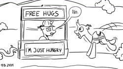 Size: 1200x675 | Tagged: safe, artist:pony-berserker, oc, oc only, oc:berzie, oc:dopple, changedling, changeling, pony, booth, changeling kingdom, free hugs, shipping denied, starry eyes, wingding eyes