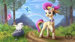 Size: 1536x864 | Tagged: safe, artist:calena, oc, oc only, oc:trinity deblanc (new), butterfly, dog, flying pomeranian, pomeranian, pony, unicorn, g5, my little pony: a new generation, spoiler:my little pony: a new generation, cloud, crystal, cute, detailed, digital art, ear piercing, earring, grass, jewelry, looking at you, mountain, multicolored hair, ocbetes, open mouth, open smile, painting, piercing, rainbow, raised hoof, road, rock, sky, smiling, smiling at you, stone, style emulation, tree, unshorn fetlocks, winged dog