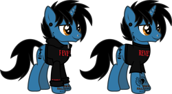 Size: 2268x1242 | Tagged: safe, artist:lightningbolt, derpibooru exclusive, pony, unicorn, g4, .svg available, clothes, ear piercing, frank iero, gauges, hoodie, horn, horn piercing, lip piercing, male, my chemical romance, nose piercing, piercing, ponified, shirt, show accurate, simple background, solo, stallion, standing, svg, t-shirt, tattoo, transparent background, vector
