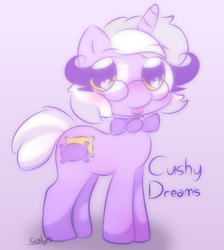 Size: 594x663 | Tagged: safe, artist:cushyhoof, oc, oc only, oc:cushy dreams, pony, unicorn, bowtie, cute, female, glasses, horn, looking at you, mare, solo, unicorn oc