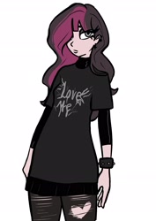 Size: 1446x2039 | Tagged: safe, artist:tacoman dusct, oc, oc only, oc:radia heart, equestria girls, g4, black clothes, clothes, dress, ear piercing, emo, female, hair over one eye, jewelry, piercing, socks, solo