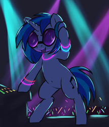 Size: 2400x2800 | Tagged: safe, artist:t72b, dj pon-3, vinyl scratch, pony, unicorn, g4, belly button, bipedal, bipedal leaning, biting, dark, female, glowstick, headphones, high res, leaning, mare, rave, solo, stage, sunglasses, tongue bite, tongue out