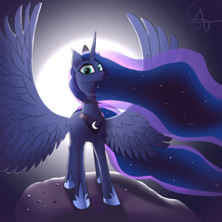 Size: 2000x2000 | Tagged: safe, artist:twobestfriendsstudio, princess luna, alicorn, pony, g4, female, full moon, high res, moon, solo, spread wings, wings