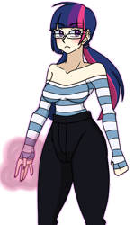 Size: 966x1619 | Tagged: safe, artist:_mssj9, derpibooru exclusive, twilight sparkle, human, g4, blushing, breasts, clothes, glasses, humanized, looking away, magic, off shoulder, pattern, pigtails, shirt, simple background, solo, striped shirt, transparent background, twintails