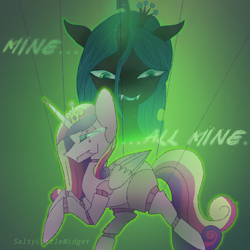 Size: 768x768 | Tagged: safe, artist:saltytangerine, princess cadance, queen chrysalis, alicorn, changeling, changeling queen, pony, duo, fake cadance, female, glowing, glowing horn, horn, magic, marionette, puppet, puppet strings, this day aria