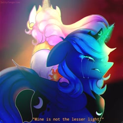 Size: 1250x1250 | Tagged: safe, artist:saltytangerine, princess celestia, princess luna, alicorn, pony, the moon rises, g4, duo, female, glowing, glowing horn, horn, jealous, nightmare luna, royal sisters, siblings, sisters