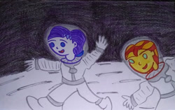 Size: 1280x804 | Tagged: safe, artist:dex stewart, rarity, sunset shimmer, equestria girls, g4, astronaut, moon, space, space helmet, spacesuit, traditional art