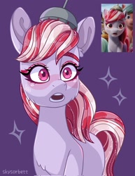 Size: 1581x2048 | Tagged: safe, artist:skysorbett, screencap, sugar moonlight, earth pony, pony, g5, my little pony: a new generation, 3d, anti-mind reading cap, colored eyebrows, eyeshadow, female, makeup, mare, open mouth, purple background, scene interpretation, screencap reference, signature, simple background, solo, stars, surprised