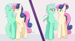 Size: 1024x569 | Tagged: safe, artist:seshirukun, bon bon, lyra heartstrings, sweetie drops, earth pony, pony, unicorn, g4, 2019, duality, eyes closed, female, lesbian, older, older bon bon, older lyra heartstrings, open mouth, open smile, raised hoof, ship:lyrabon, shipping, smiling