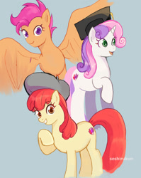 Size: 1024x1287 | Tagged: safe, artist:seshirukun, apple bloom, scootaloo, sweetie belle, earth pony, pegasus, pony, unicorn, g4, growing up is hard to do, beret, female, graduation cap, hat, older, older apple bloom, older scootaloo, older sweetie belle, simple background, spread wings, trio, wings