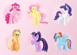 Size: 1055x747 | Tagged: safe, artist:seshirukun, applejack, fluttershy, pinkie pie, rainbow dash, rarity, twilight sparkle, alicorn, earth pony, pegasus, pony, unicorn, g4, alternate hairstyle, female, gradient background, ponytail, twilight sparkle (alicorn)