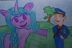 Size: 1280x864 | Tagged: safe, artist:dex stewart, izzy moonbow, human, pony, unicorn, g5, mr. conductor, thomas and friends, thomas and the magic railroad, thomas the tank engine, traditional art
