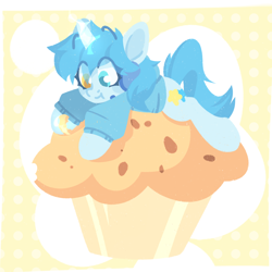 Size: 1500x1500 | Tagged: safe, artist:tsarstvo, oc, oc only, oc:otakulight, pony, unicorn, 2021, abstract background, clothes, cupcake, food, headphones, heterochromia, hoodie, horn, male, micro, muffin, ponies in food, smiling, solo, stallion, sweater, unicorn oc