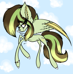 Size: 1377x1393 | Tagged: safe, artist:beamybutt, oc, oc only, pegasus, pony, bedroom eyes, cloud, colored hooves, colored wings, ear fluff, eyelashes, female, flying, jewelry, mare, necklace, pegasus oc, solo, two toned wings, wings