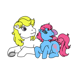 Size: 768x768 | Tagged: safe, artist:warnerbrother65, baby cuddles, surprise, earth pony, pegasus, pony, g1, baby, baby pony, bow, daughter, duo, female, filly, foster daughter, foster mother, frog (hoof), lying down, mare, mother, mother and child, mother and daughter, open mouth, open smile, prone, simple background, smiling, tail, tail bow, together, transparent background, underhoof, vector