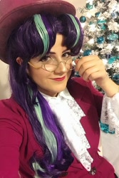 Size: 1080x1619 | Tagged: safe, artist:sarahndipity cosplay, snowfall frost, starlight glimmer, human, g4, christmas, christmas tree, clothes, cosplay, costume, glasses, holiday, irl, irl human, looking at you, photo, tree