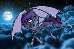 Size: 1195x787 | Tagged: safe, artist:beamybutt, oc, oc only, bat pony, pony, bat pony oc, ear fluff, ethereal mane, flying, full moon, moon, outdoors, solo, starry mane, stars