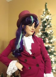 Size: 1080x1472 | Tagged: safe, artist:sarahndipity cosplay, snowfall frost, starlight glimmer, human, g4, christmas, christmas tree, clothes, cosplay, costume, glasses, hat, holiday, irl, irl human, photo, top hat, tree