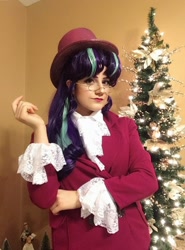 Size: 1080x1460 | Tagged: safe, artist:sarahndipity cosplay, snowfall frost, starlight glimmer, human, g4, christmas, christmas tree, clothes, cosplay, costume, glasses, hat, holiday, irl, irl human, photo, top hat, tree