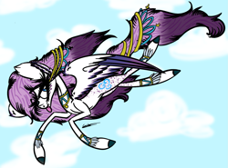 Size: 1425x1057 | Tagged: safe, artist:beamybutt, oc, oc only, pegasus, pony, :p, cloud, ear fluff, eyelashes, female, flying, mare, outdoors, pegasus oc, signature, solo, tongue out