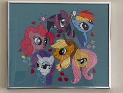 Size: 4032x3024 | Tagged: safe, applejack, fluttershy, pinkie pie, rainbow dash, rarity, twilight sparkle, earth pony, pegasus, pony, unicorn, g4, cutie mark, embroidery, framed picture, heart, mane six, traditional art