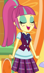 Size: 443x732 | Tagged: safe, screencap, sour sweet, equestria girls, equestria girls specials, g4, my little pony equestria girls: dance magic, clothes, cropped, crystal prep academy uniform, eyes closed, female, freckles, open mouth, open smile, plaid skirt, pleated skirt, school uniform, skirt, smiling, solo