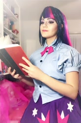 Size: 1352x2048 | Tagged: safe, artist:sarahndipity cosplay, twilight sparkle, human, equestria girls, g4, book, clothes, cosplay, costume, irl, irl human, looking at you, photo, smiling