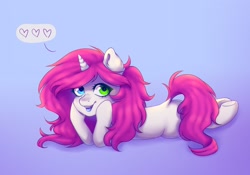 Size: 2136x1497 | Tagged: safe, artist:zowzowo, oc, oc only, oc:bubblegum kiss, pony, unicorn, commission, heart, heterochromia, hooves on cheeks, looking at you, lying down, open mouth, simple background, solo, speech bubble, supporting head, three quarter view