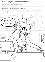 Size: 2835x3940 | Tagged: safe, artist:anonymous, smolder, dragon, g4, apron, barista, breasts, cash register, clothes, delicious flat chest, dialogue, dragoness, female, grayscale, high res, iced latte with breast milk, looking at you, meme, meme parody, monochrome, older, older smolder, open mouth, open smile, smiling, solo, speech bubble, starbucks, subverted meme, talking to viewer, text, twitter