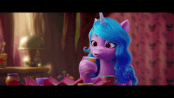 Size: 800x450 | Tagged: safe, screencap, izzy moonbow, pony, unicorn, g5, my little pony: a new generation, spoiler:my little pony: a new generation, 3d, animated, blue mane, cup, eyebrows, female, gif, hoof hold, horn, indoors, letterboxing, looking at someone, mare, sad, solo, table, teacup, unshorn fetlocks